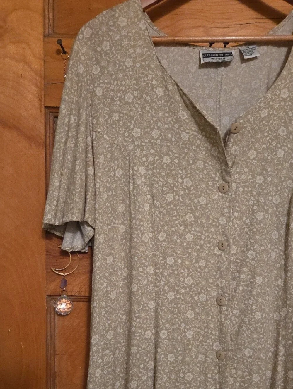 Vintage 80's Tie-Back Button-Front Maxi Dress, Olive & Cream Micro-Floral Paisly